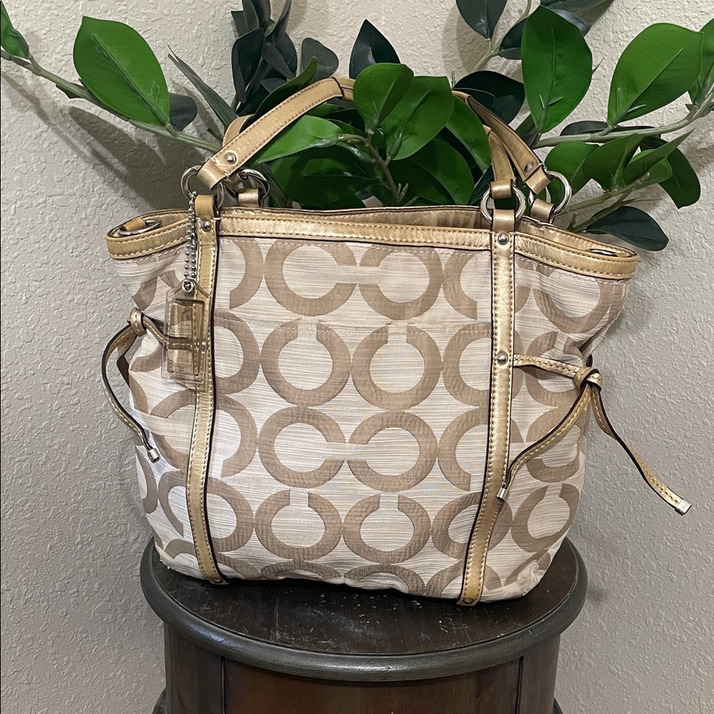 Coach Audrey OP Art Shantung Cinched Tote with gold leather trim